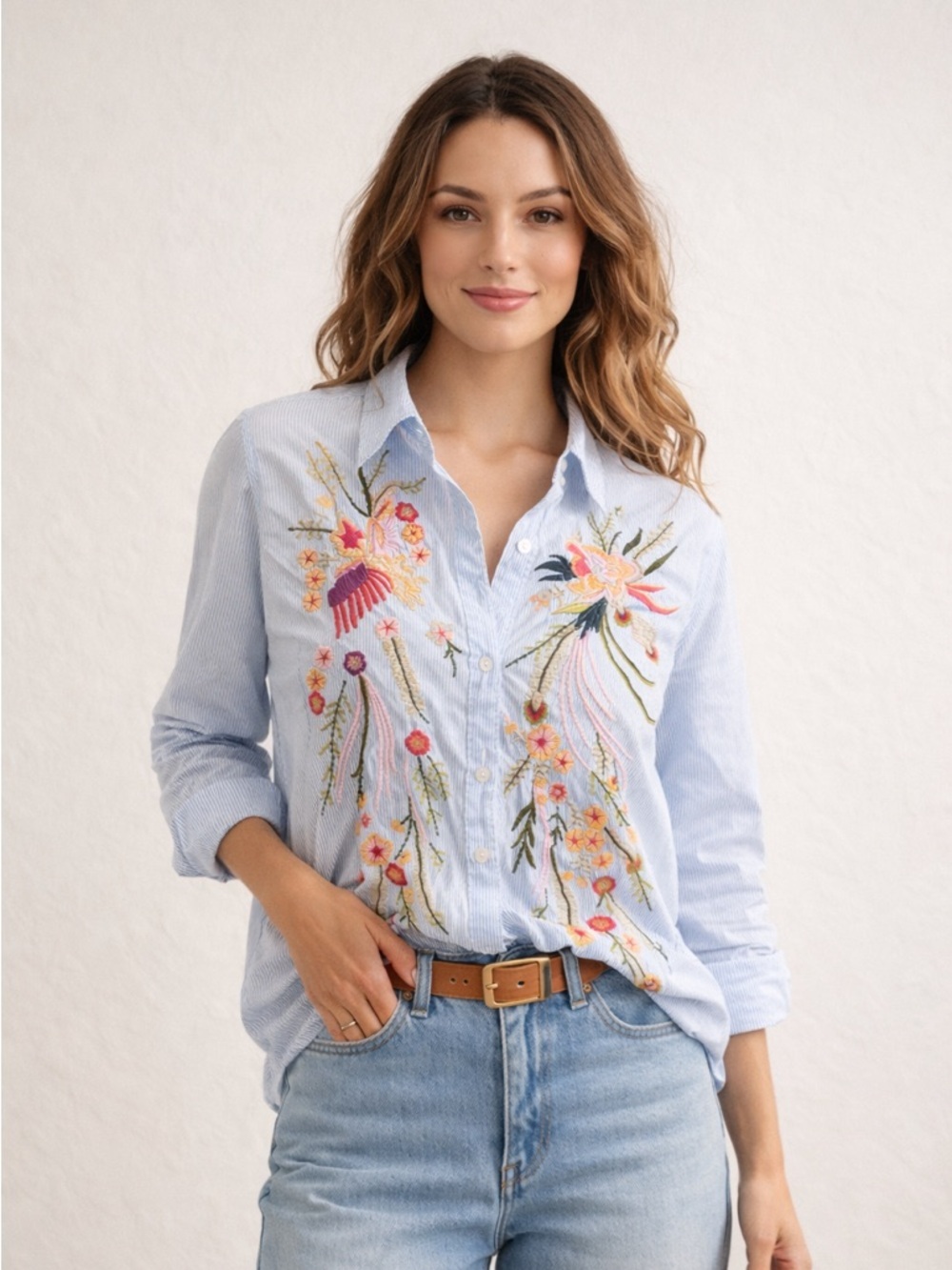 Chic Connection Embroidered Floral Button Down Shirt Size M Blue Striped